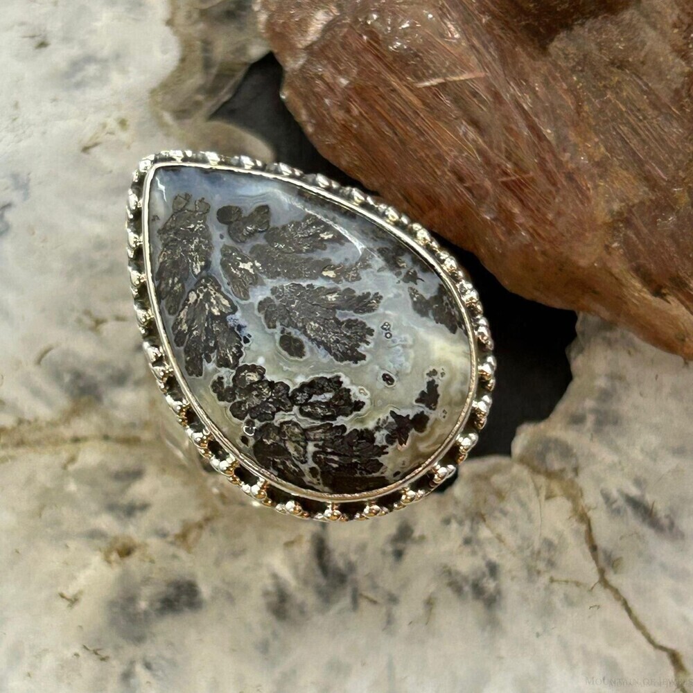 Sterling Silver Southwestern Style Teardrop Parral Dendritic Agate Ring Size 9